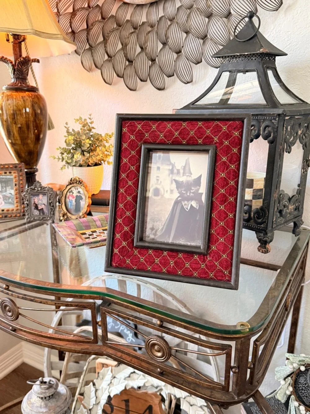 Vintage Gothic Red Quilted Velvet Picture Frame with Black Cat
